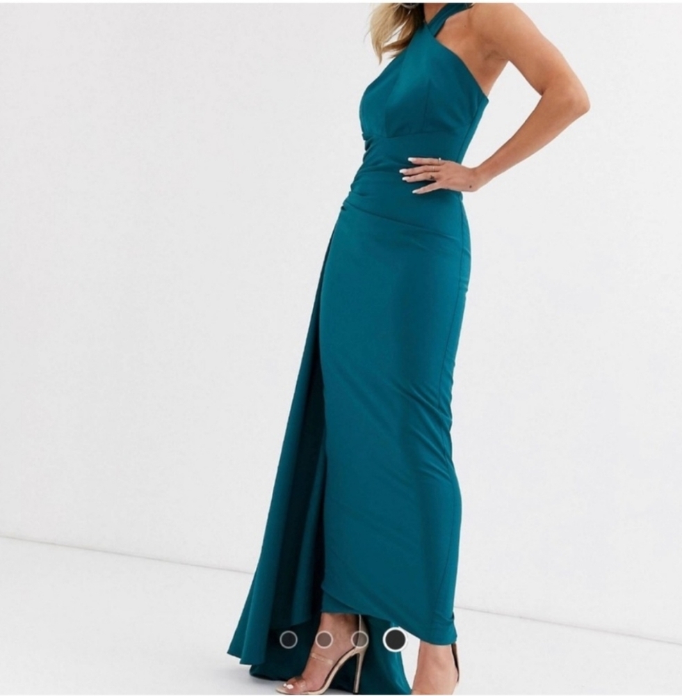 Yaura Revolve Teal Halter Maxi Dress with Asymmetrical Train‎ Special Occasion
